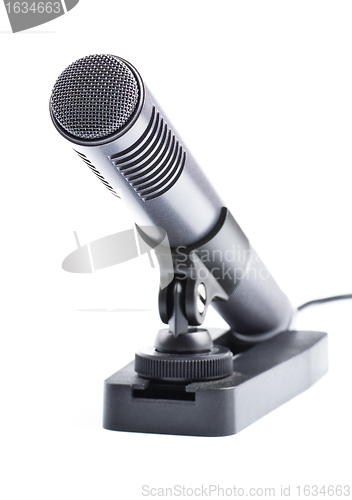 Image of gray condenser microphone on stand