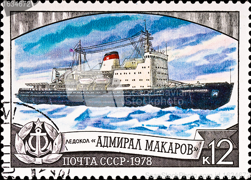 Image of postage stamp shows russian icebreaker "Admiral Makarov"