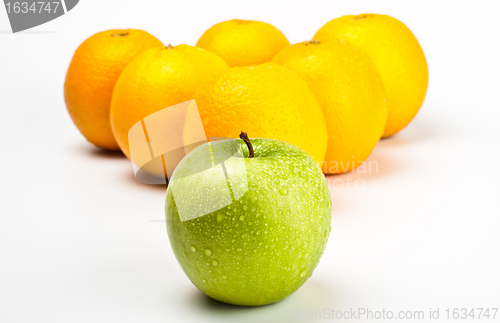 Image of oranges and apple like billiard balls