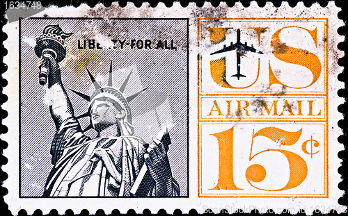 Image of postage stamp shows US Statue of Liberty, circa 1970's