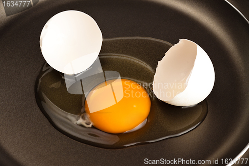 Image of broken egg on black pan