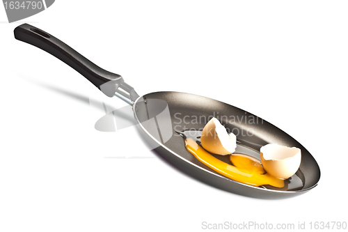 Image of raw egg and shell on black pan