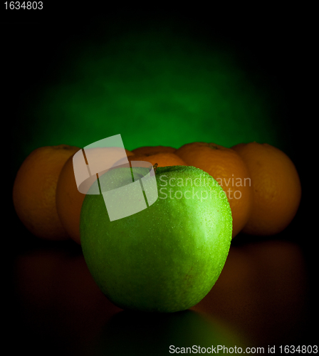 Image of oranges and apple like billiard balls