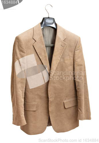 Image of beige jacket on hanger