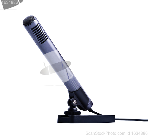 Image of gray condenser microphone on stand