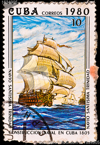 Image of postage stamp shows battleship "Santisima Trinidad"