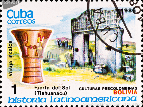 Image of postage stamp shows example Tiahuanacu culture