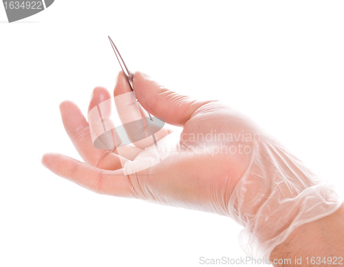Image of hand in rubber glove holding tweezers