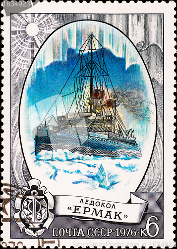 Image of postage stamp shows icebreaker "Ermak"