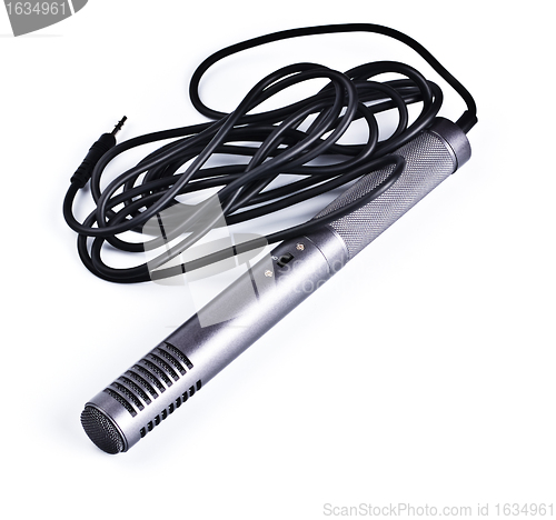 Image of gray condenser microphone with cable