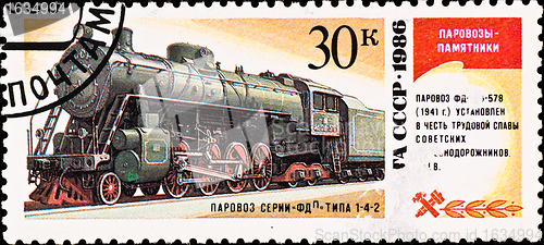 Image of postage stamp shows vintage russian train FDP
