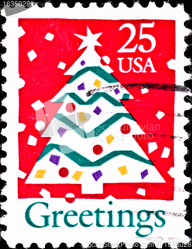 Image of usa postage stamp shows christmas tree, circa 1980's