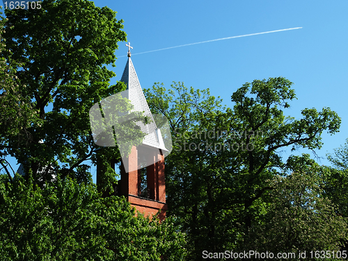 Image of Bell tower on blue sky background