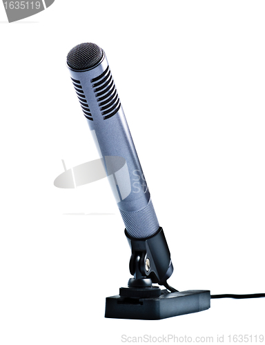 Image of gray condenser microphone on stand 