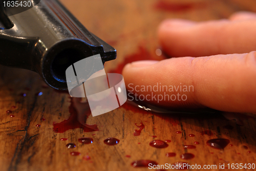 Image of blood, pistol and death