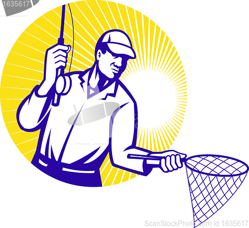 Image of Fly Fisherman Fishing Net Retro Woodcut