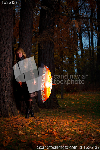 Image of girl with umbrella in autumn park