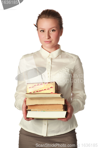 Image of strict teacher with books and pen