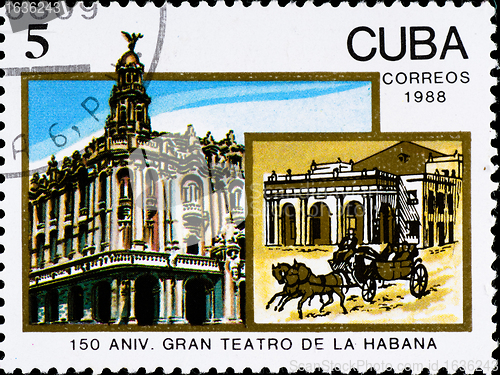 Image of postage stamp celebrate 150 anniversary theater in Havana
