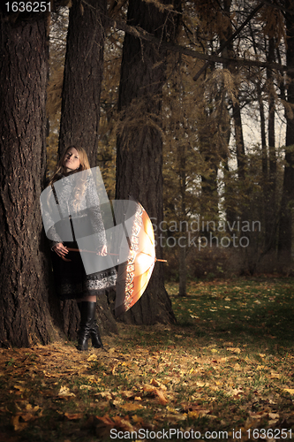 Image of girl with umbrella in autumn park