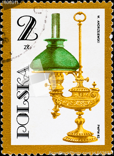 Image of postage stamp shows vintage kerosene lamp