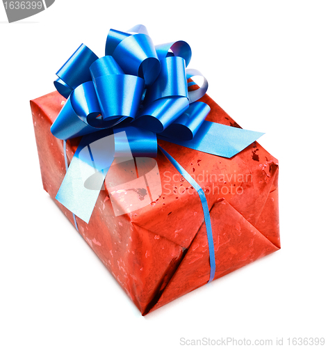 Image of red gift box with blue bow