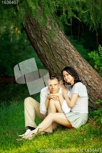 Image of young couple sitting under tree