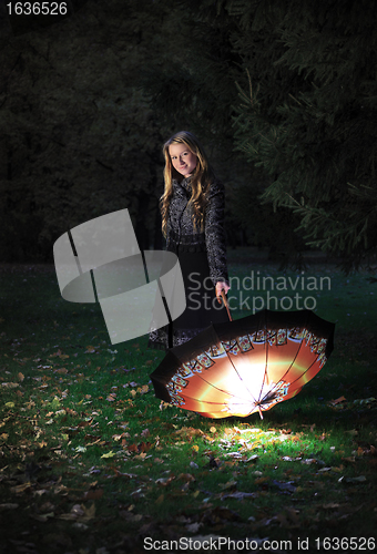 Image of girl with umbrella in autumn park
