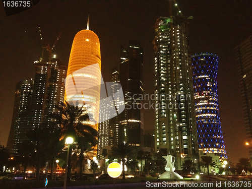 Image of Skyscrapers Colors at Night in Doha, Qatar