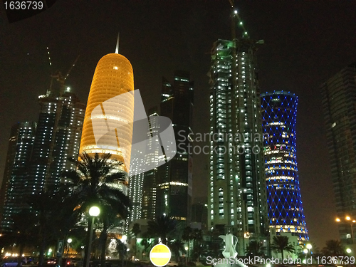 Image of Skyscrapers at Night in Doha, Qatar