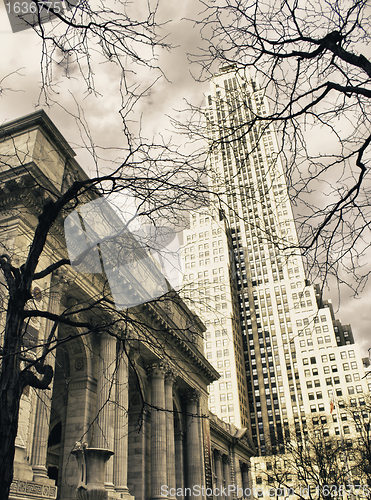 Image of Public Library and Skyscrapers of New York City in Winter