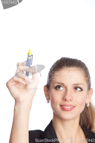 Image of businesswoman wrote on copy-space