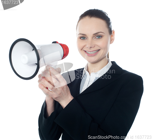 Image of Attractive woman with megaphone