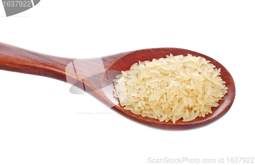 Image of white rice in wooden spoon