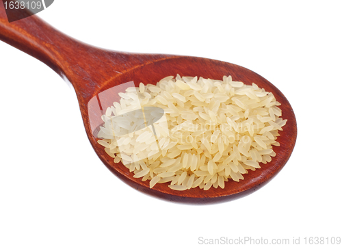 Image of white rice in wooden spoon