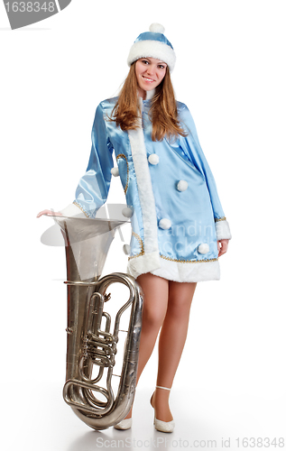 Image of  santa girl with big trumpet