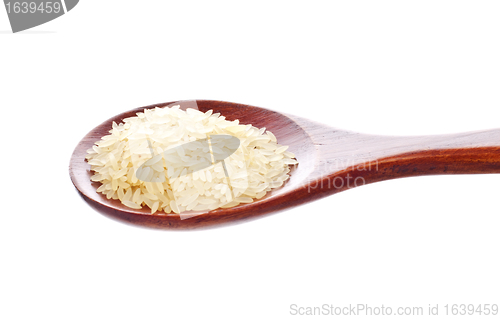 Image of white rice in wooden spoon