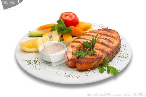 Image of grilled sturgeon fish with vegetables