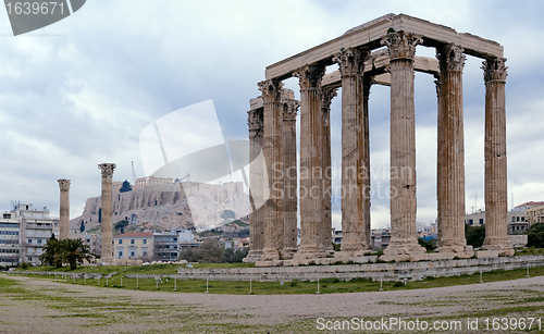 Image of Remains of Olympieion temple with Acropolis on background