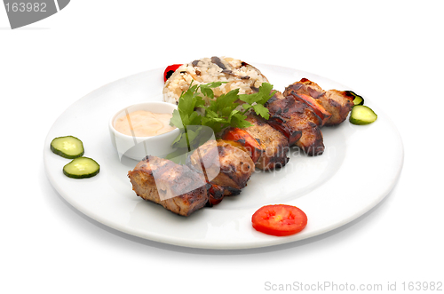 Image of shish kebab with rice and mushrooms