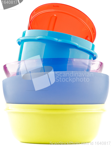 Image of Pyramid of Colorful plastic bowls