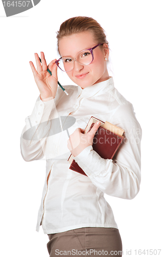 Image of cheerful teacher with big book