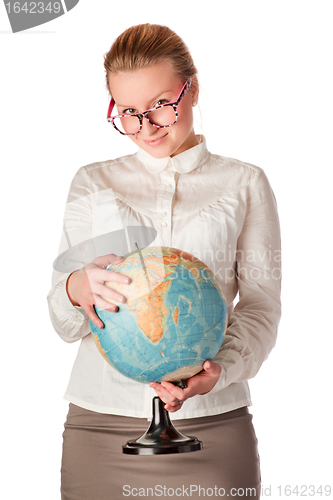 Image of pretty teacher with globe