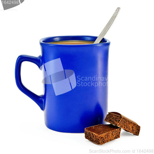 Image of Coffee with milk in a blue cup with chocolate