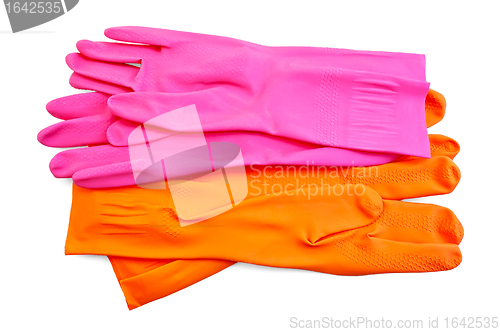 Image of Orange and pink rubber gloves