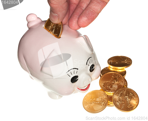 Image of Hand placing gold coin into piggy bank