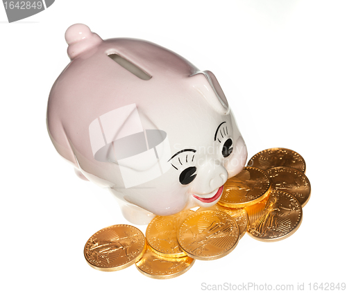 Image of Gold coins surrounding pink piggy bank