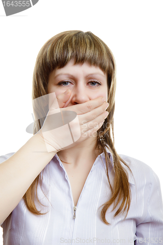 Image of young girl covers her mouth with his hands