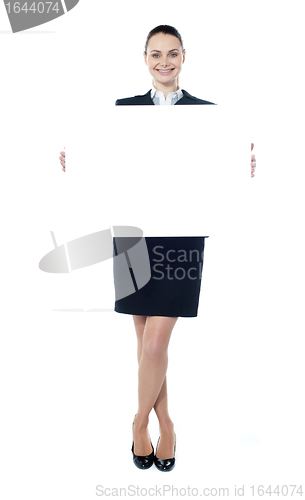 Image of Portrait of a business lady holding a blank billboard