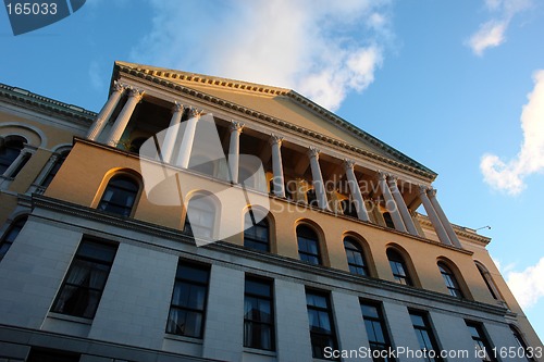 Image of Unusual view of the Massachusetts State House at Sunset